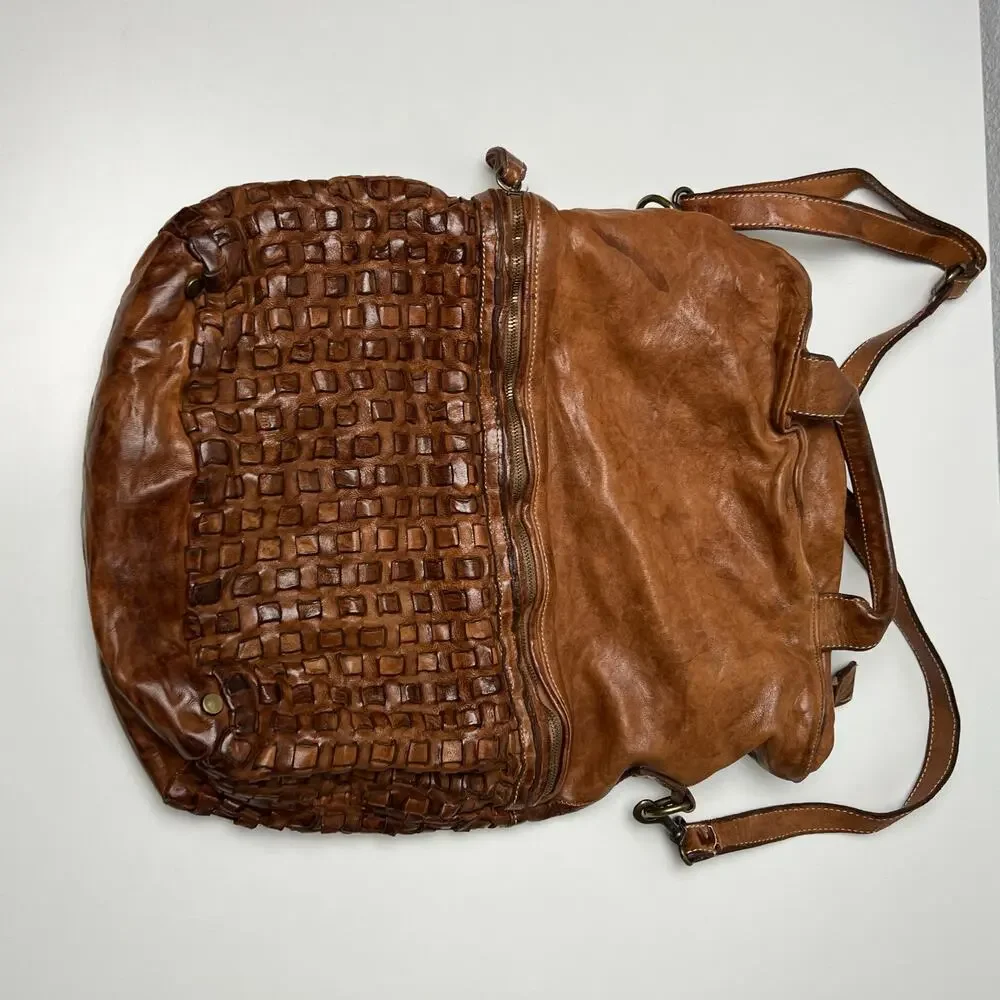 LANGELLOTTI Brown Woven Italian Leather Tote Hobo Handbag Large Distressed Boho